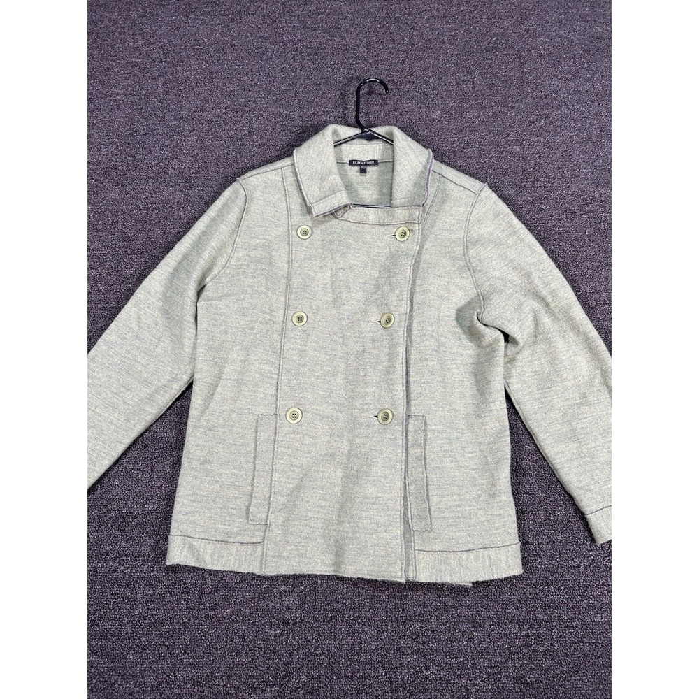 Eileen Fisher Overcoat Women's Large Green Double Breasted Pockets Merino Wool